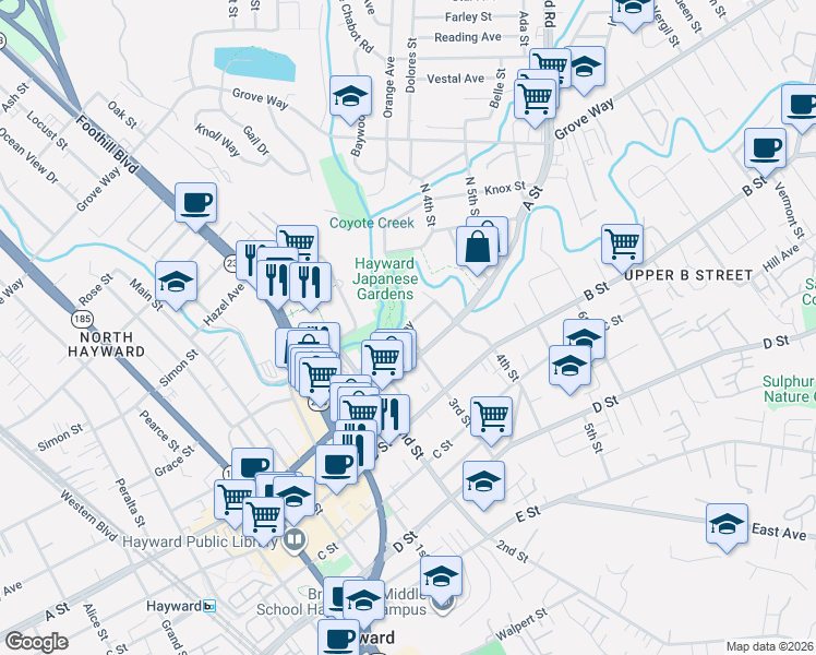 map of restaurants, bars, coffee shops, grocery stores, and more near 1321 Russell Way in Hayward