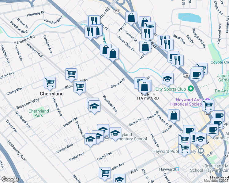 map of restaurants, bars, coffee shops, grocery stores, and more near 21628 Vallejo Street in Hayward