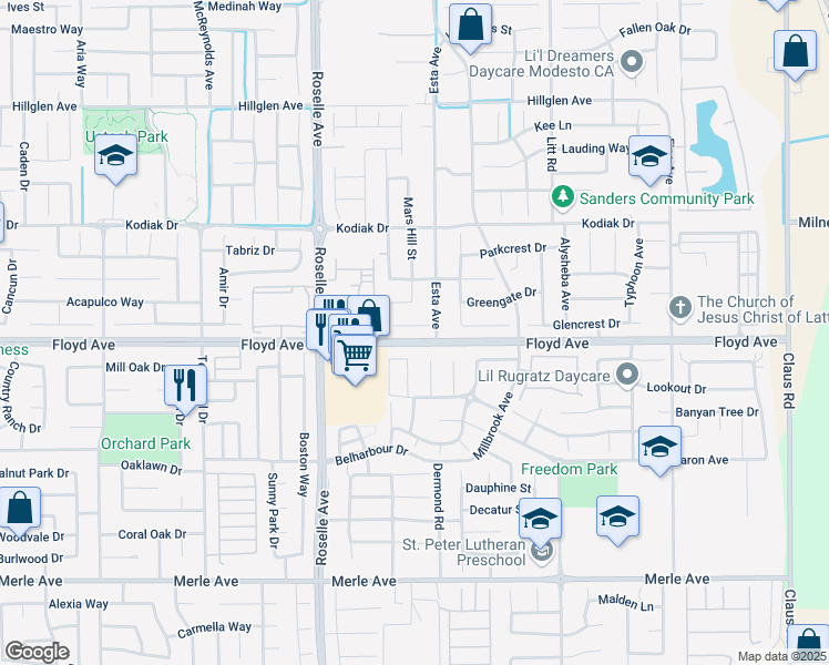 map of restaurants, bars, coffee shops, grocery stores, and more near 3124 Amos Court in Modesto