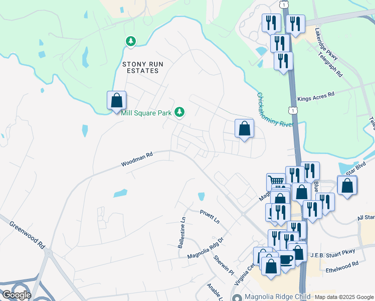 map of restaurants, bars, coffee shops, grocery stores, and more near 227 Hanging Fern Alley in Glen Allen