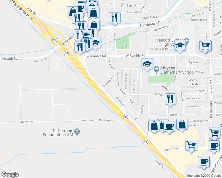 map of restaurants, bars, coffee shops, grocery stores, and more near 2602 Strivens Avenue in Modesto