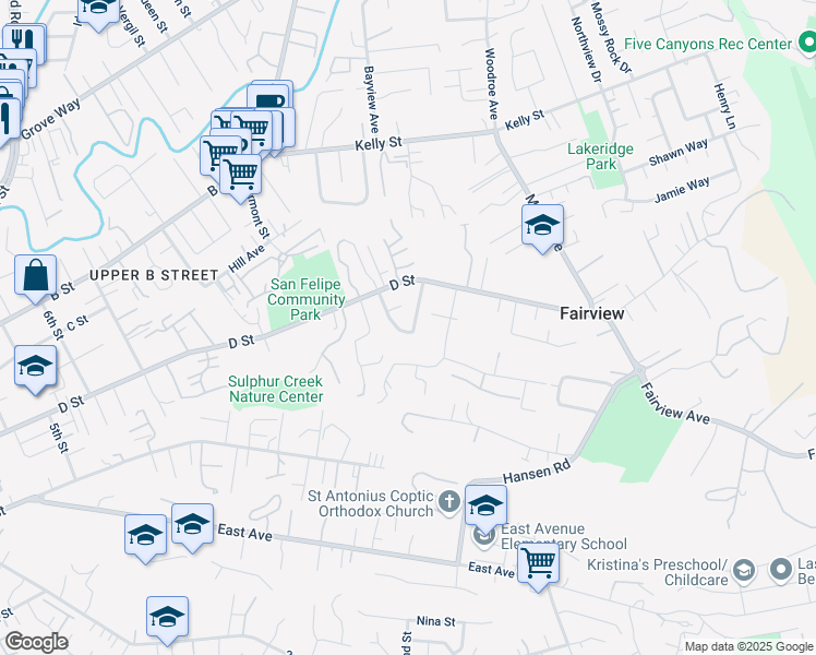 map of restaurants, bars, coffee shops, grocery stores, and more near 23853 Clayton Street in Hayward