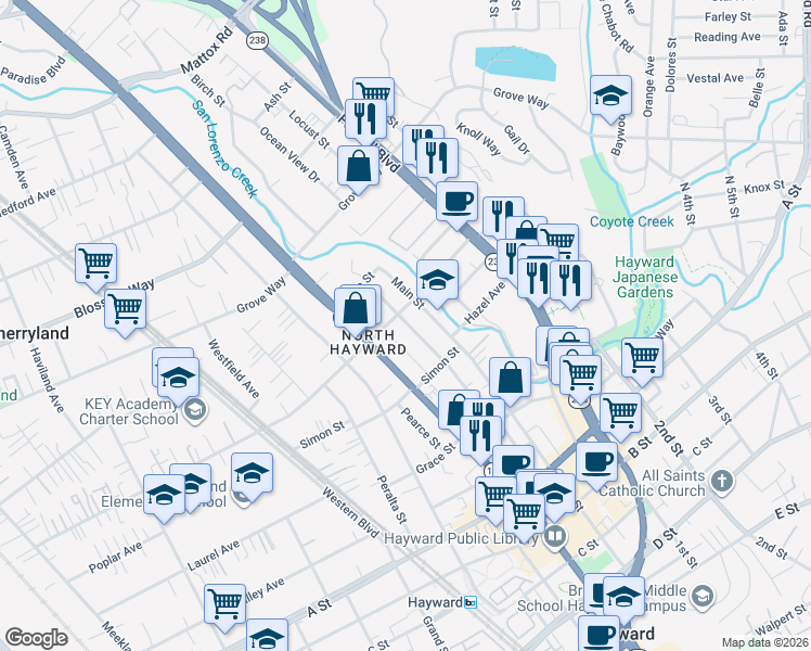 map of restaurants, bars, coffee shops, grocery stores, and more near 22115 Prospect Street in Hayward