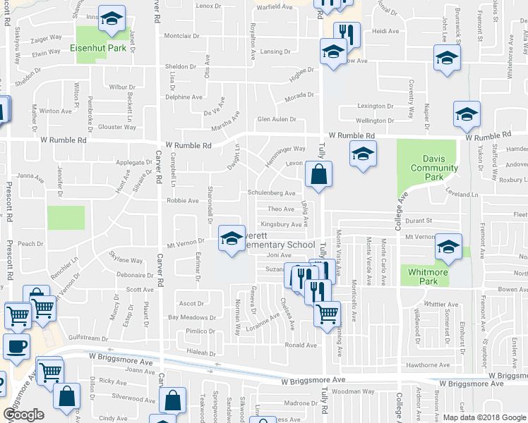 map of restaurants, bars, coffee shops, grocery stores, and more near 1422 Theo Avenue in Modesto