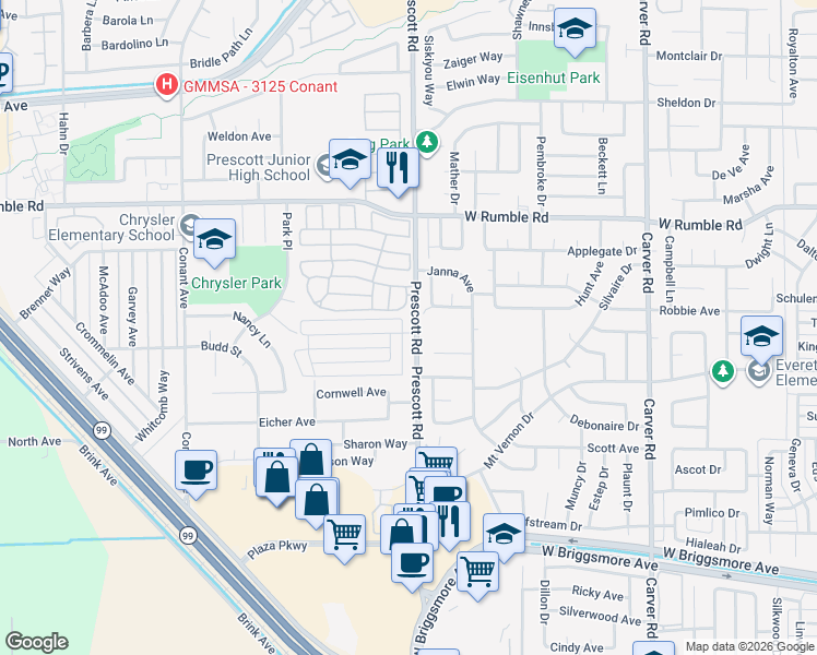 map of restaurants, bars, coffee shops, grocery stores, and more near in Modesto