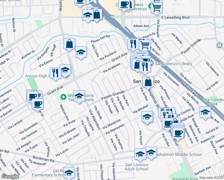 map of restaurants, bars, coffee shops, grocery stores, and more near 15957 Via Media in San Lorenzo