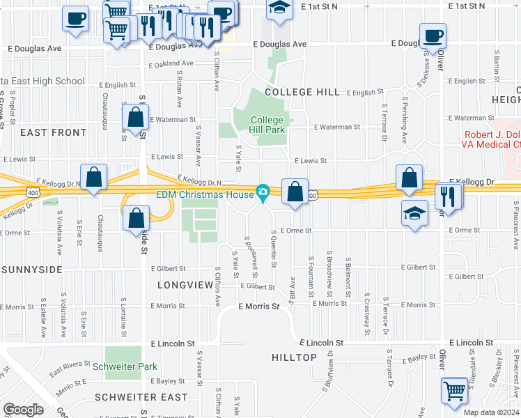 map of restaurants, bars, coffee shops, grocery stores, and more near 3805 East Longview Lane in Wichita