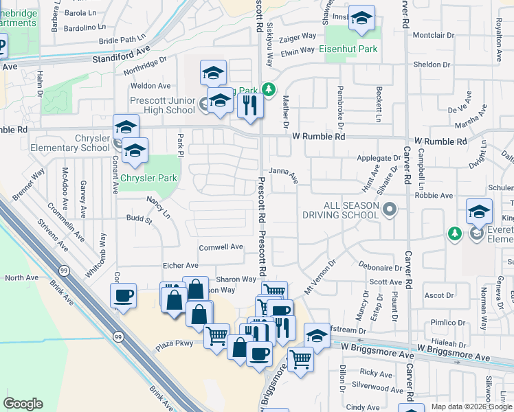 map of restaurants, bars, coffee shops, grocery stores, and more near 2501 Prescott Road in Modesto