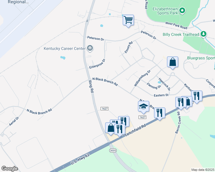 map of restaurants, bars, coffee shops, grocery stores, and more near 307 North Black Branch Road in Cecilia