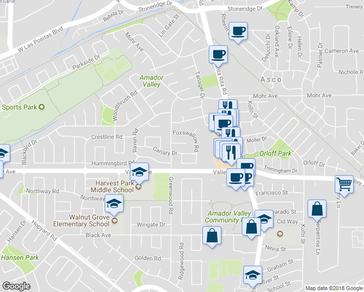 map of restaurants, bars, coffee shops, grocery stores, and more near 4658 Cope Court in Pleasanton