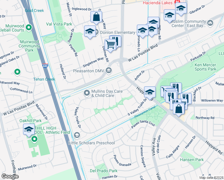 map of restaurants, bars, coffee shops, grocery stores, and more near 3616 Glacier Court North in Pleasanton