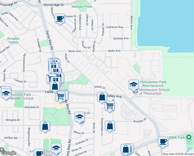 map of restaurants, bars, coffee shops, grocery stores, and more near 4031 Peregrine Way in Pleasanton