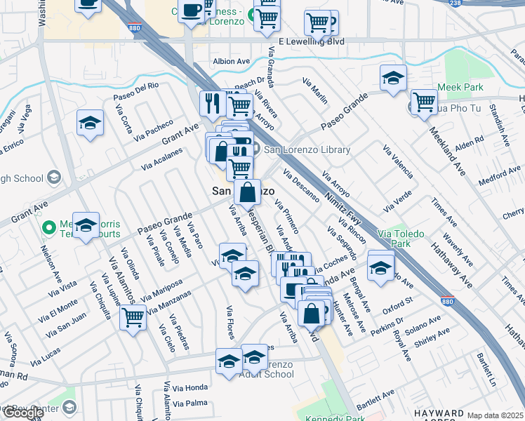 map of restaurants, bars, coffee shops, grocery stores, and more near 16080 Hesperian Boulevard in San Lorenzo