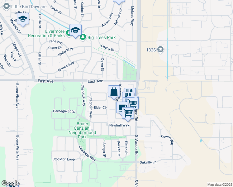 map of restaurants, bars, coffee shops, grocery stores, and more near 2063 Research Drive in Livermore
