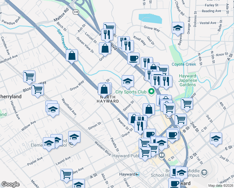 map of restaurants, bars, coffee shops, grocery stores, and more near 22111 Prospect Street in Hayward