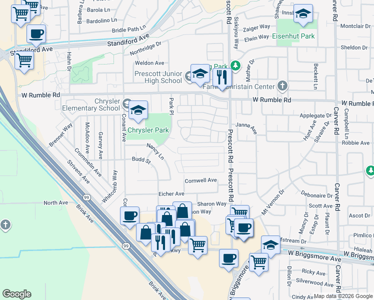 map of restaurants, bars, coffee shops, grocery stores, and more near 2217 Chrysler Drive in Modesto