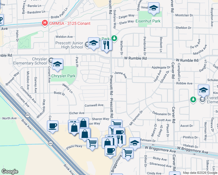 map of restaurants, bars, coffee shops, grocery stores, and more near 2501 Prescott Road in Modesto