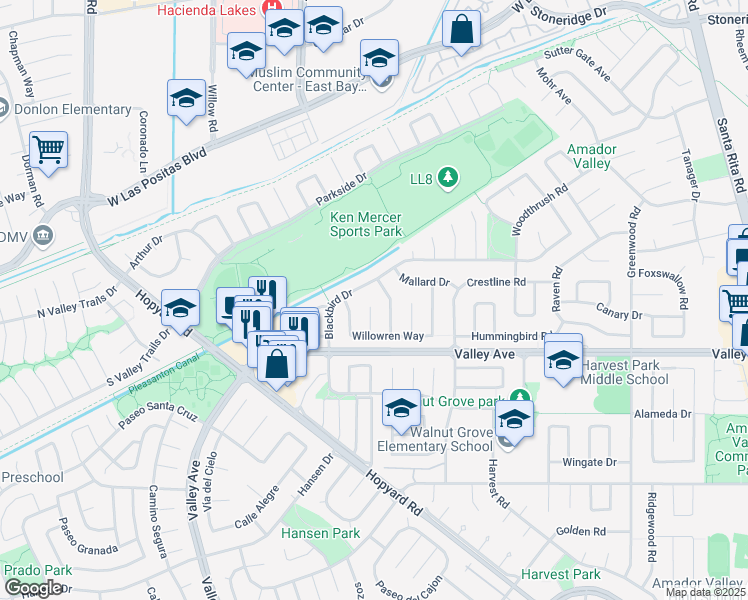 map of restaurants, bars, coffee shops, grocery stores, and more near 2691 Becard Court in Pleasanton