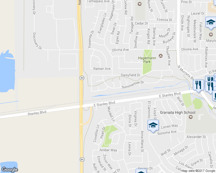 map of restaurants, bars, coffee shops, grocery stores, and more near Summertree Dr & Sparrow St in Livermore
