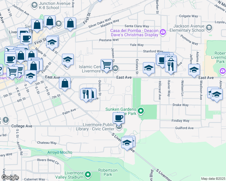 map of restaurants, bars, coffee shops, grocery stores, and more near 3663 Carrigan Common in Livermore