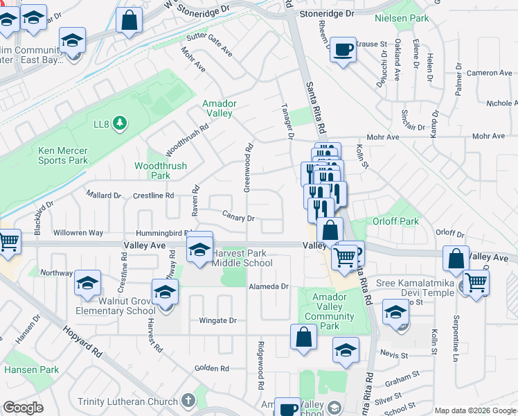 map of restaurants, bars, coffee shops, grocery stores, and more near 4658 Cope Court in Pleasanton