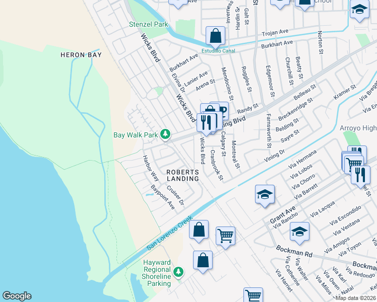 map of restaurants, bars, coffee shops, grocery stores, and more near 2100 Lewelling Boulevard in San Leandro