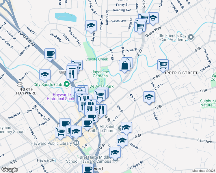 map of restaurants, bars, coffee shops, grocery stores, and more near 1321 Russell Way in Hayward