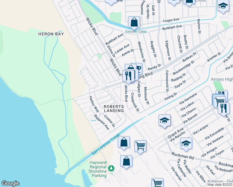 map of restaurants, bars, coffee shops, grocery stores, and more near 63 Sandev Way in San Leandro