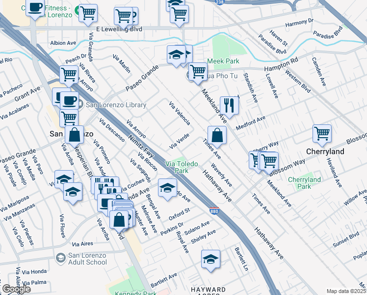 map of restaurants, bars, coffee shops, grocery stores, and more near 80 Via Hermosa in San Lorenzo