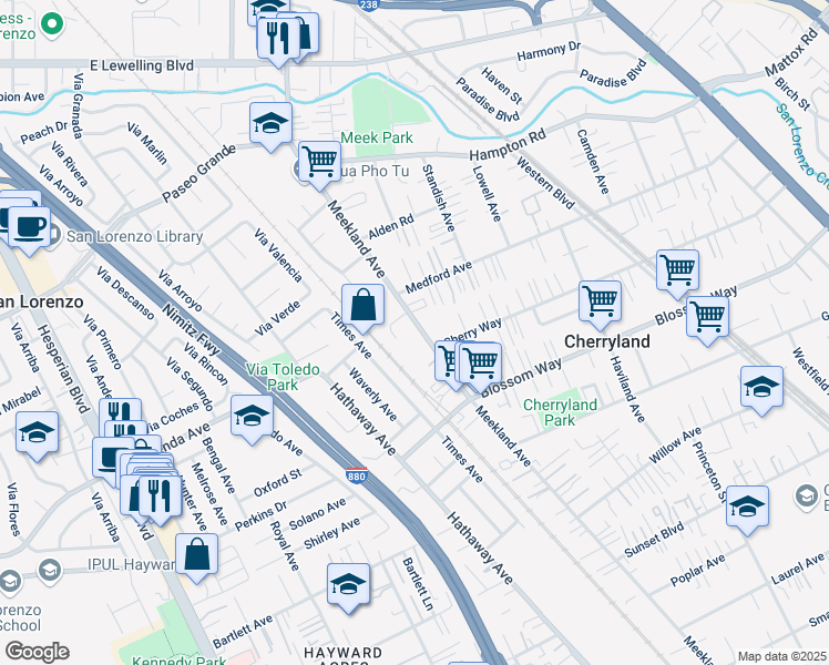 map of restaurants, bars, coffee shops, grocery stores, and more near 19349 Meekland Avenue in Hayward