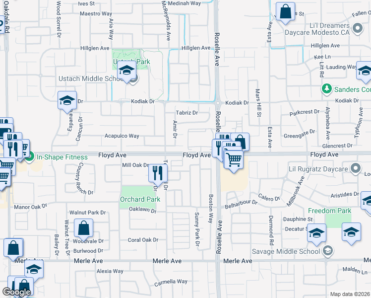 map of restaurants, bars, coffee shops, grocery stores, and more near 2832 Prosperity Court in Modesto