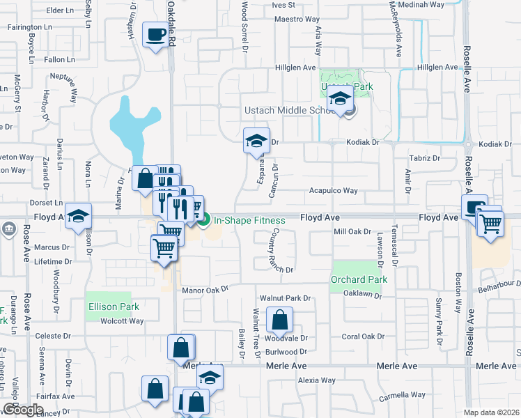 map of restaurants, bars, coffee shops, grocery stores, and more near 2424 Ventana View Way in Modesto