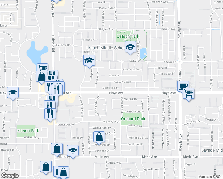 map of restaurants, bars, coffee shops, grocery stores, and more near 2536 Guadalajara Drive in Modesto