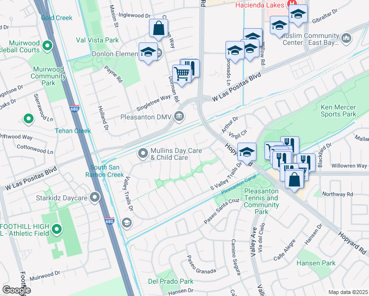 map of restaurants, bars, coffee shops, grocery stores, and more near 3616 Glacier Court North in Pleasanton