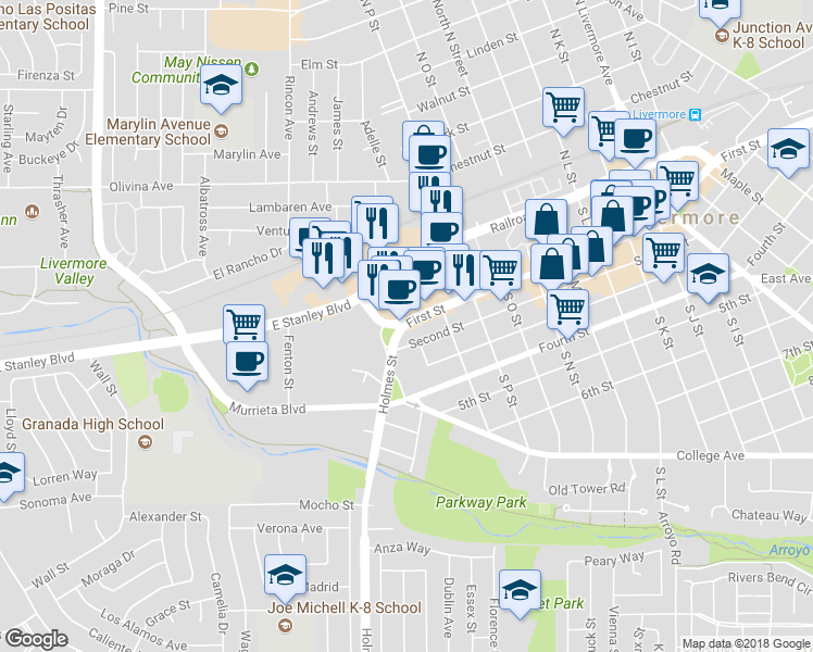map of restaurants, bars, coffee shops, grocery stores, and more near 1411 1st Street in Livermore