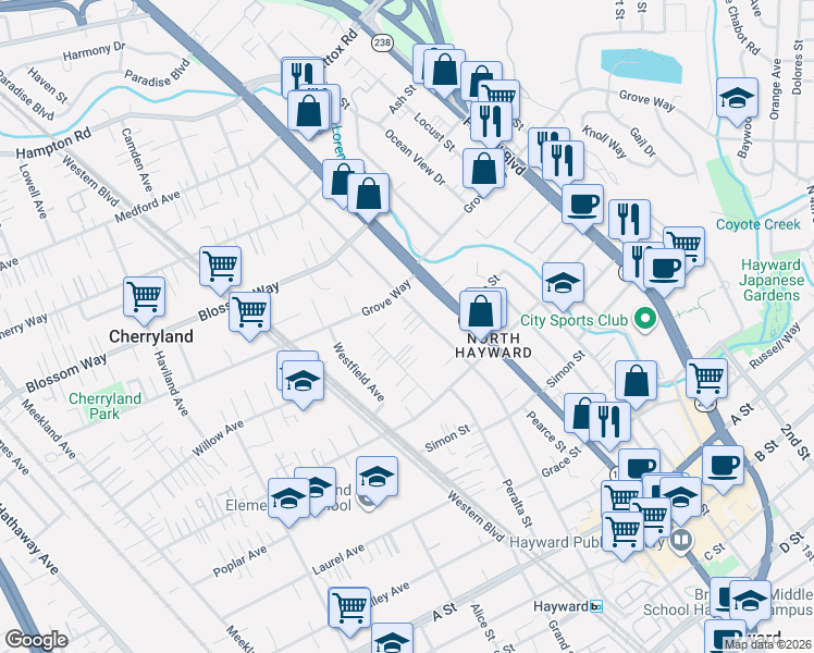 map of restaurants, bars, coffee shops, grocery stores, and more near 21635 Montgomery Street in Hayward