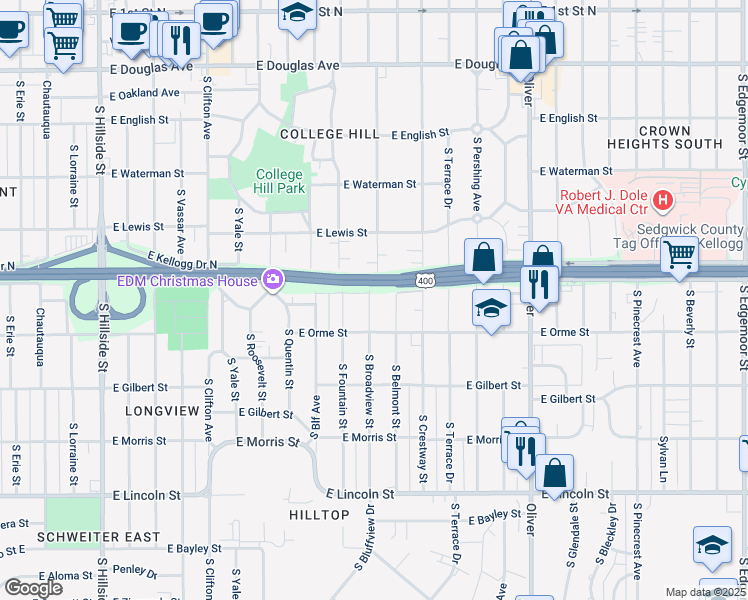 map of restaurants, bars, coffee shops, grocery stores, and more near 512 South Broadview Street in Wichita