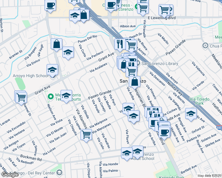 map of restaurants, bars, coffee shops, grocery stores, and more near 663 Paseo Grande in San Lorenzo