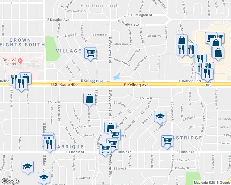 map of restaurants, bars, coffee shops, grocery stores, and more near 6411 East Kellogg Drive in Wichita