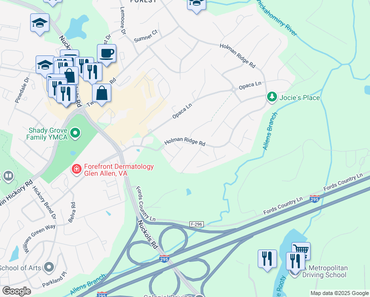 map of restaurants, bars, coffee shops, grocery stores, and more near 10501 Benoni Trail in Glen Allen