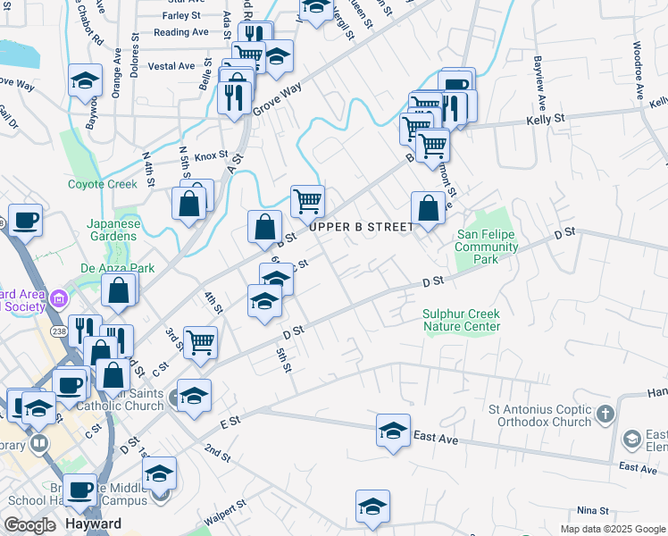 map of restaurants, bars, coffee shops, grocery stores, and more near 22704 7th Street in Hayward