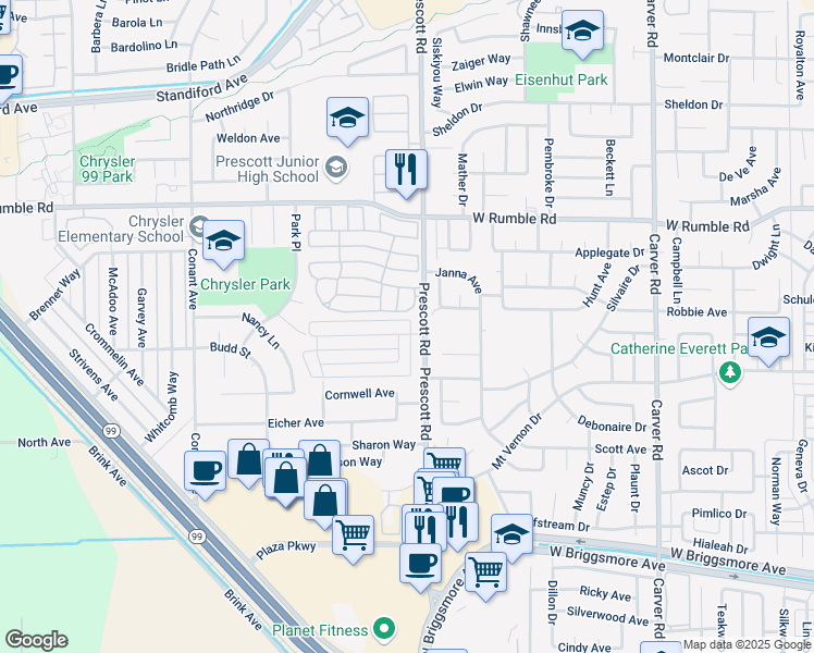 map of restaurants, bars, coffee shops, grocery stores, and more near 2105 Chrysler Drive in Modesto
