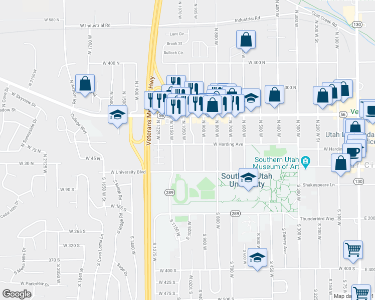 map of restaurants, bars, coffee shops, grocery stores, and more near 61 North 900 West in Cedar City