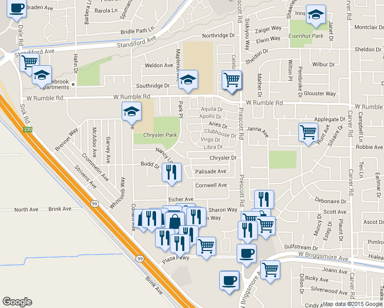 map of restaurants, bars, coffee shops, grocery stores, and more near 2217 Chrysler Drive in Modesto