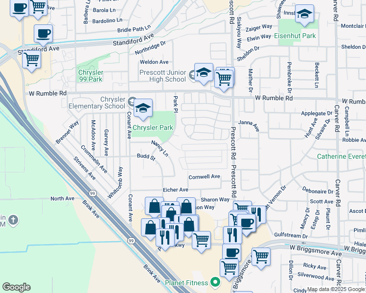 map of restaurants, bars, coffee shops, grocery stores, and more near 2309 Chrysler Drive in Modesto