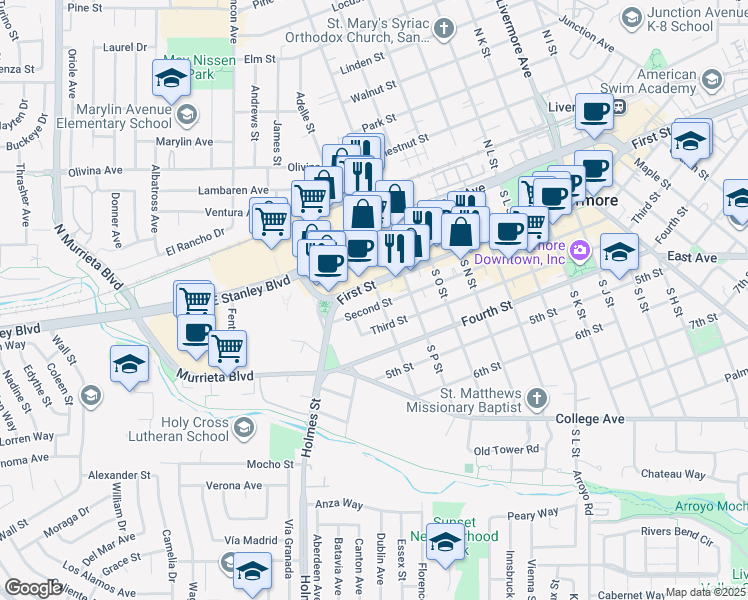 map of restaurants, bars, coffee shops, grocery stores, and more near 1478 Second Street in Livermore