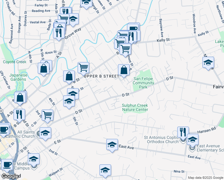map of restaurants, bars, coffee shops, grocery stores, and more near 1782 D Street in Hayward