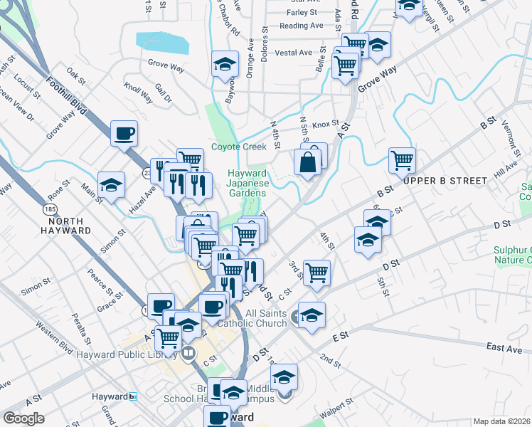 map of restaurants, bars, coffee shops, grocery stores, and more near 1321 Russell Way in Hayward