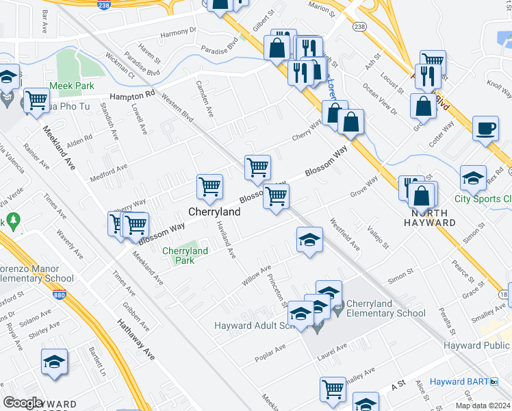 map of restaurants, bars, coffee shops, grocery stores, and more near 639 Blossom Way in Hayward