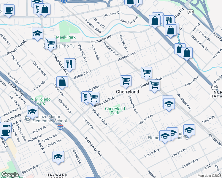 map of restaurants, bars, coffee shops, grocery stores, and more near 311 Saint George Street in Hayward